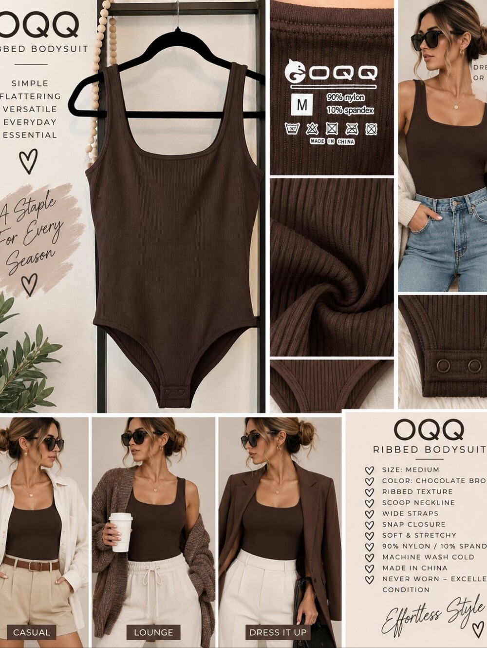 🤎 OQQ Chocolate Brown Ribbed Bodysuit – Size Medium